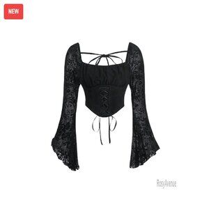 Goth Grunge Mesh Bell Sleeve Crop Top Floral Print Corset Blouse